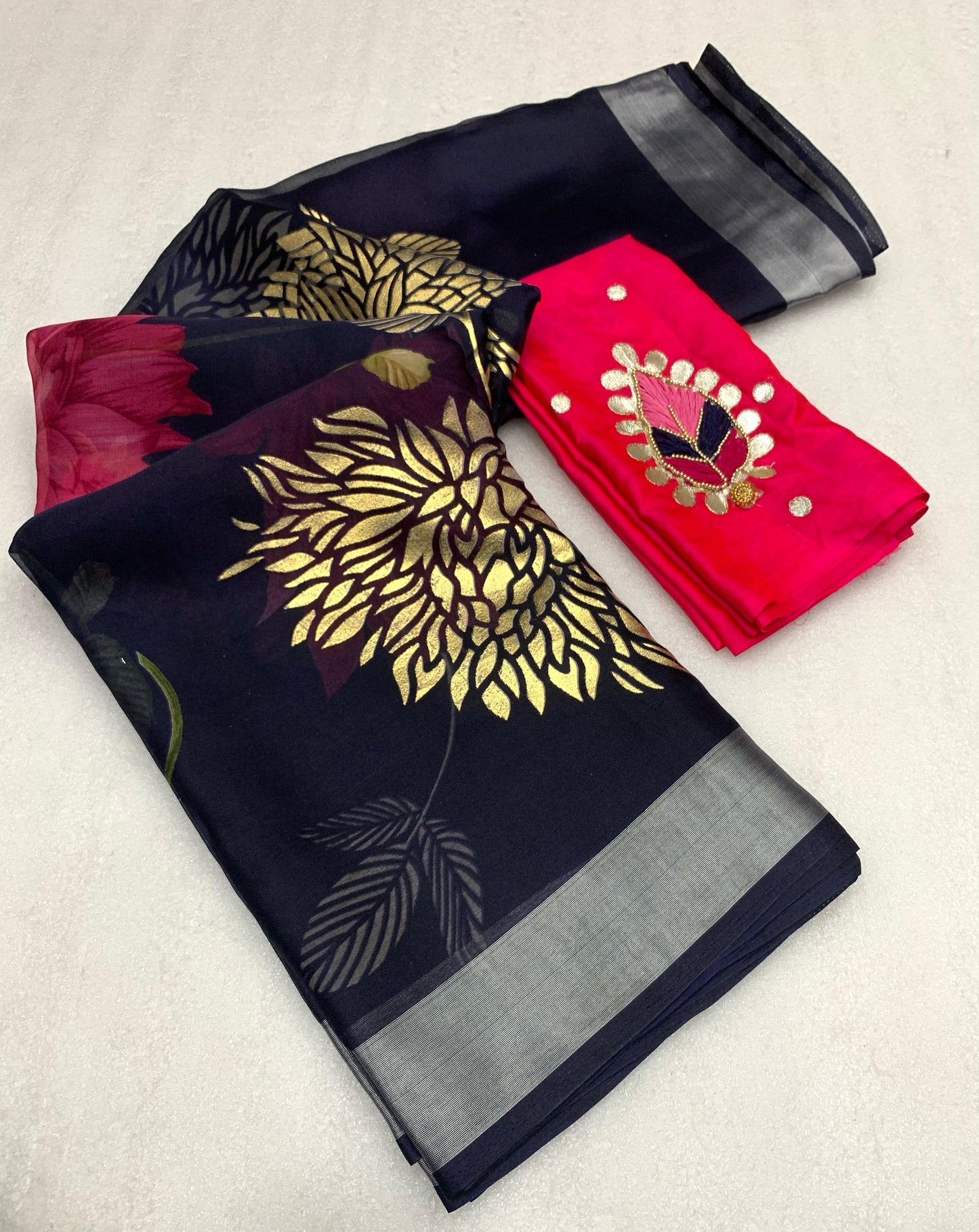 Pure Soft Organza Saree with Hand-Painted Floral Design & Silver Foil Outline |
Thread Work Blouse - ₹949/-Only
