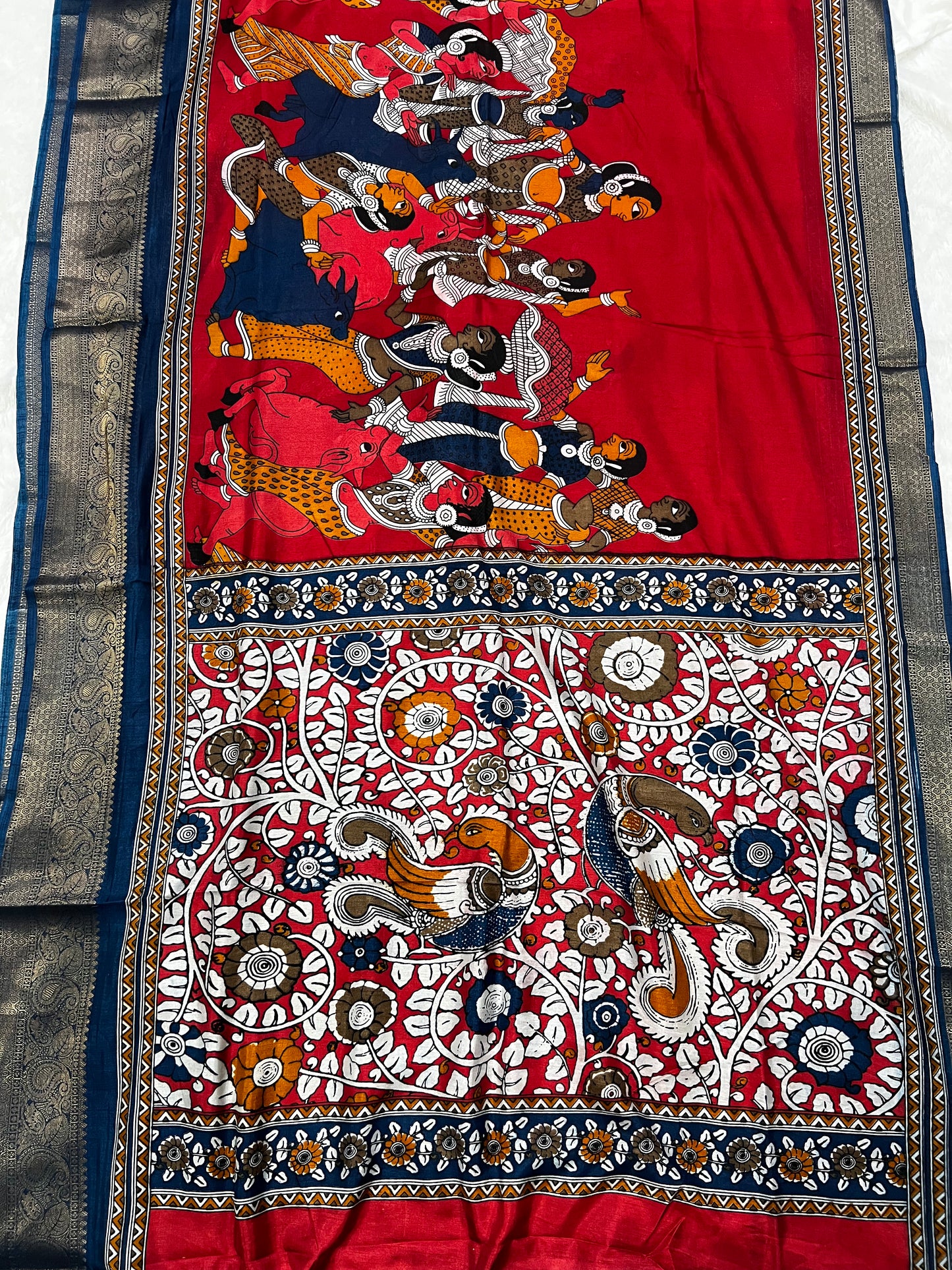 Soft Mangalagiri Pen Kalamkari Silk Saree with Kanchi Weaving Border & Self-Blouse