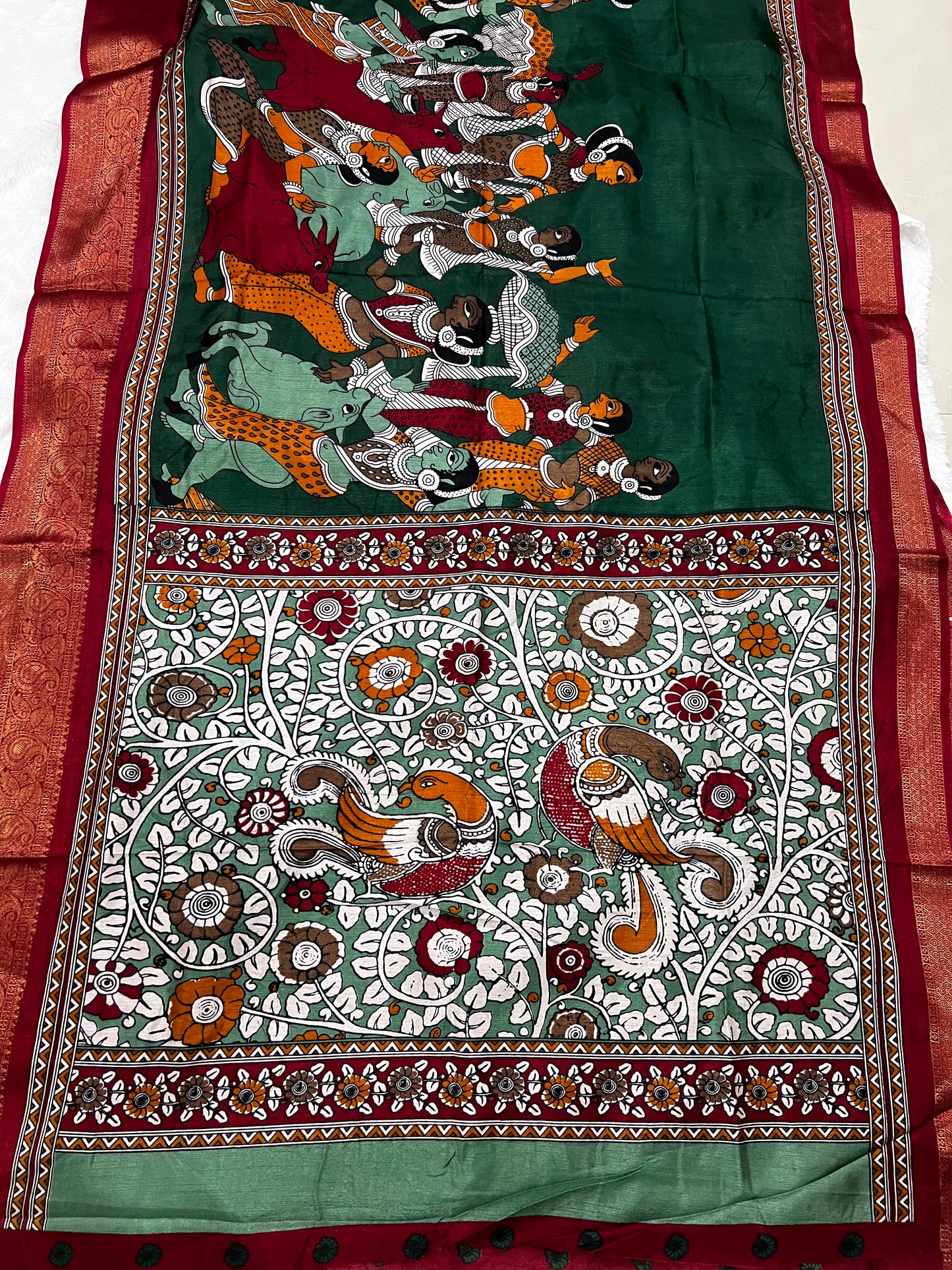 Soft Mangalagiri Pen Kalamkari Silk Saree with Kanchi Weaving Border & Self-Blouse