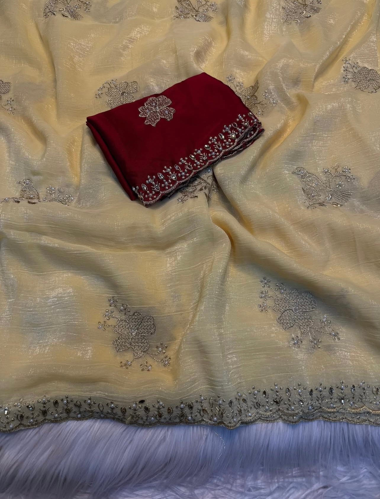 Crushed Silk Saree with Kundan & Pearl Thread Work