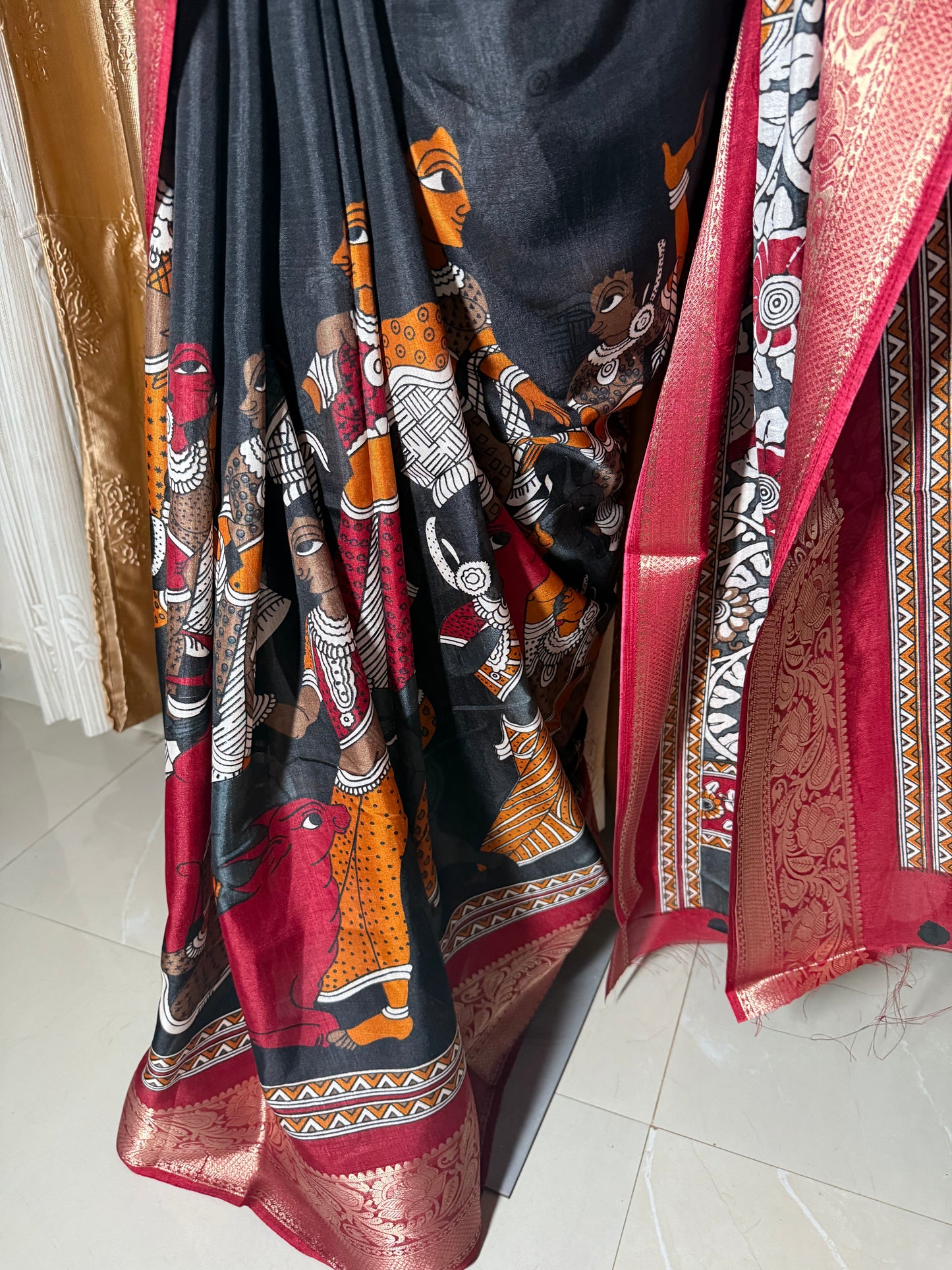 Soft Mangalagiri Pen Kalamkari Silk Saree with Kanchi Weaving Border & Self-Blouse
