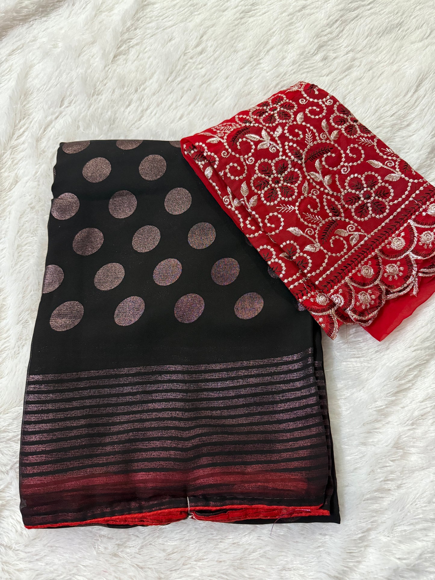 Soft Georgette Saree in Black & Red with Butties, Piped Border & Contrast Red Heavy Blouse – ₹499 Only