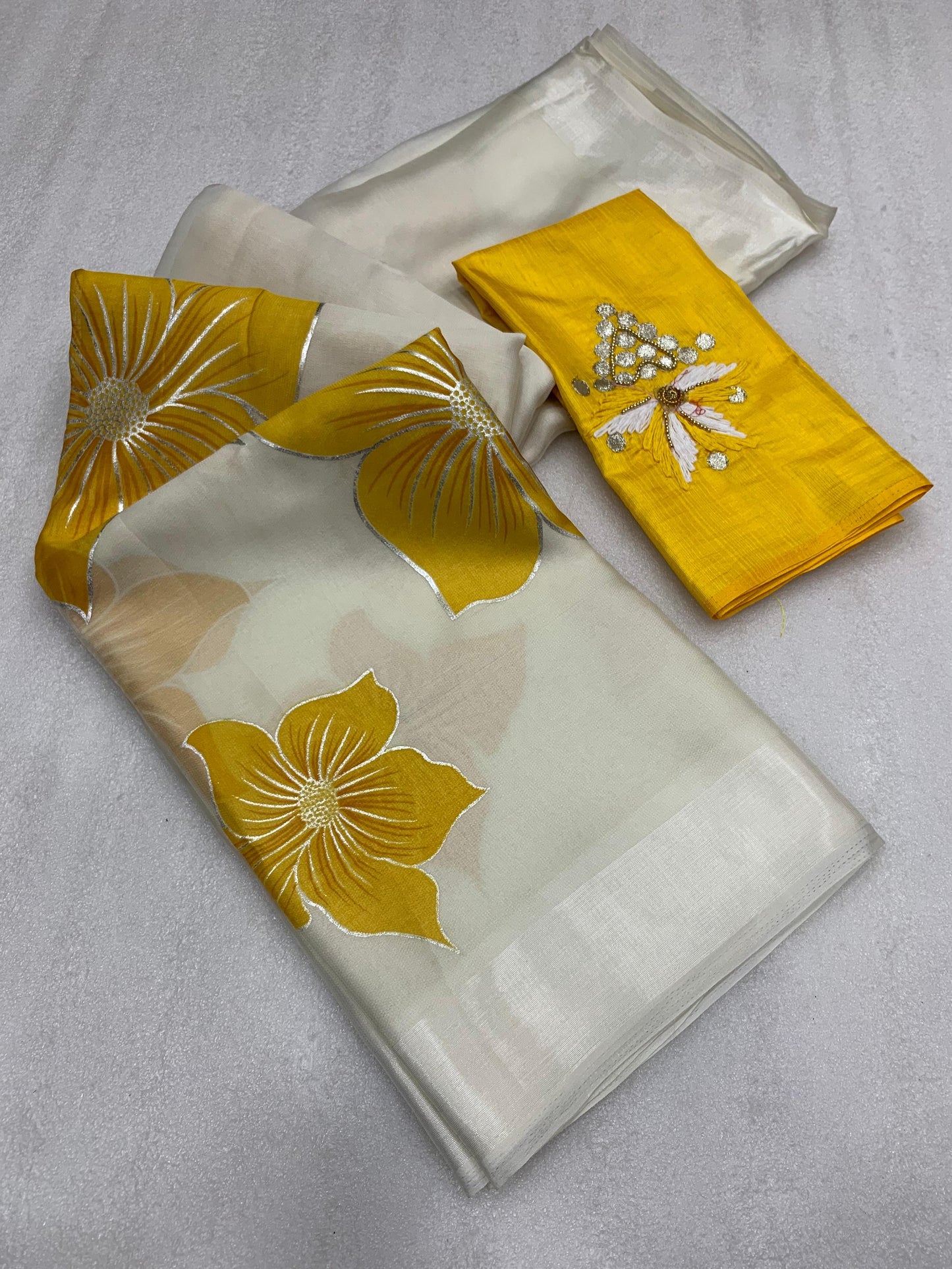 Pure Soft Organza Saree with Hand-Painted Floral Design & Silver Foil Outline |
Thread Work Blouse - ₹949/-Only