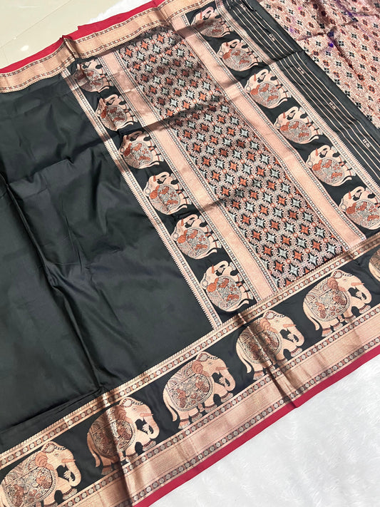 Banarasi - Elephant design on border & pallu with rich copper zari weaving