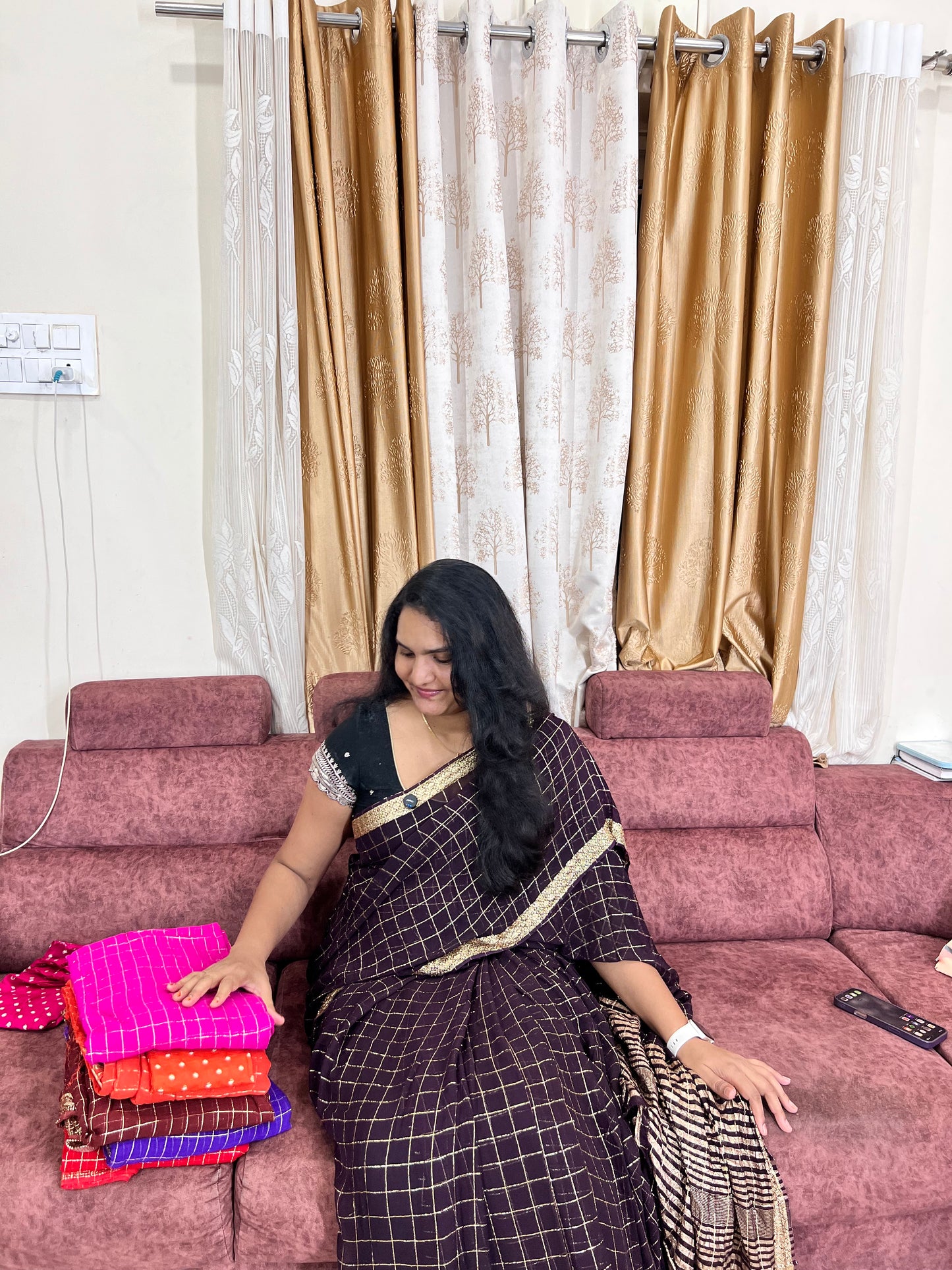 Pure Viscose Chinon Georgette Saree with Zari Checks & Borders
