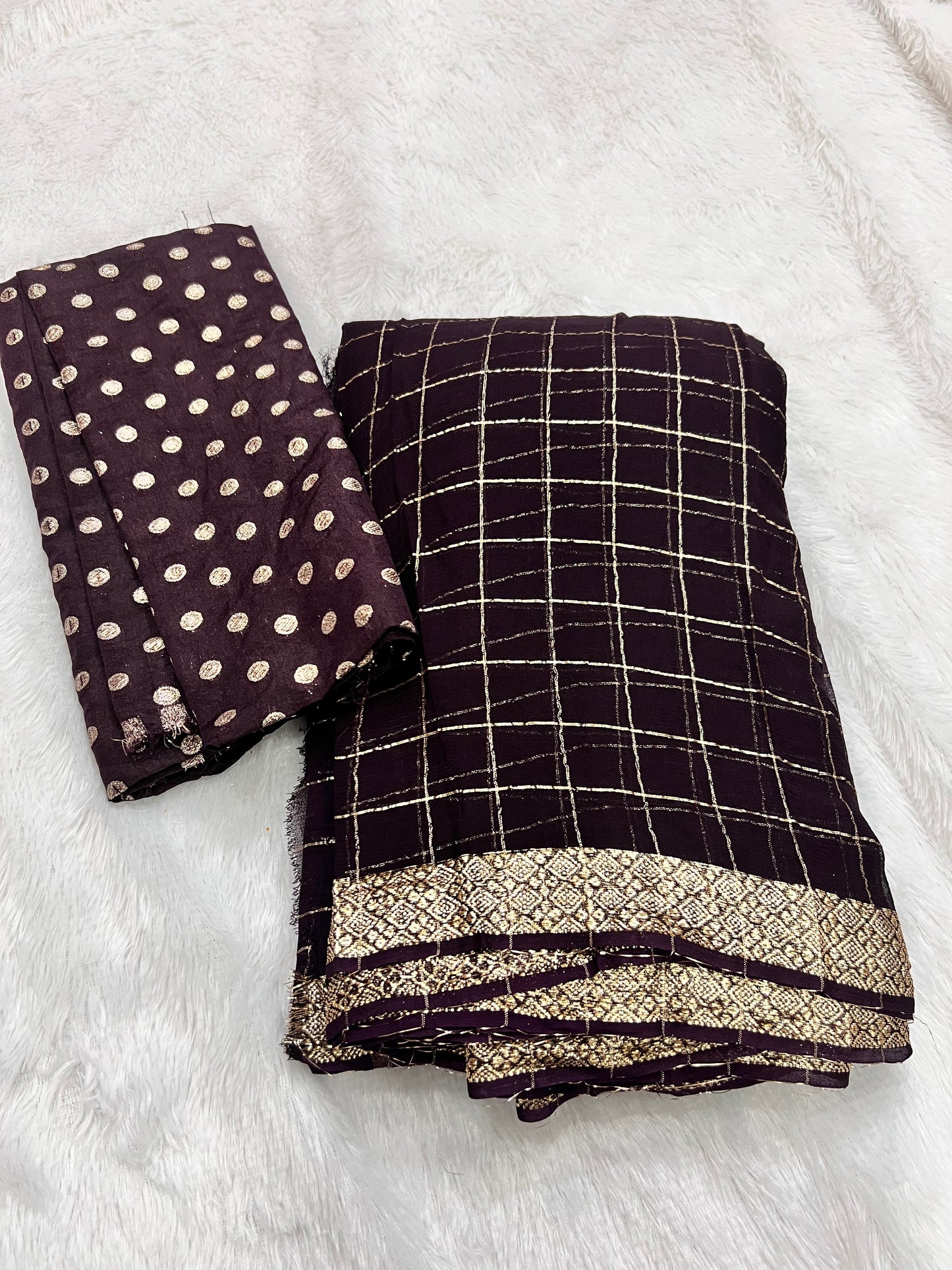 Pure Viscose Chinon Georgette Saree with Zari Checks & Borders