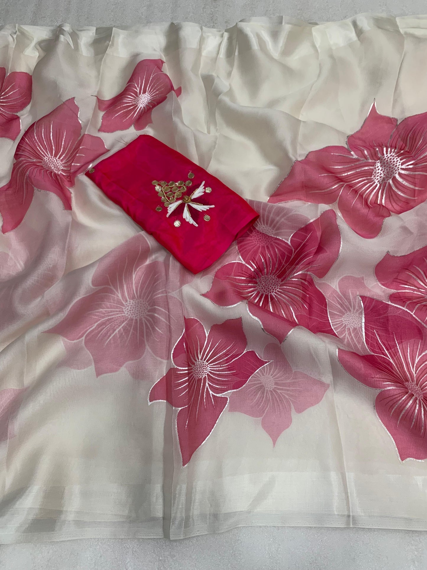 Pure Soft Organza Saree with Hand-Painted Floral Design & Silver Foil Outline |
Thread Work Blouse - ₹949/-Only