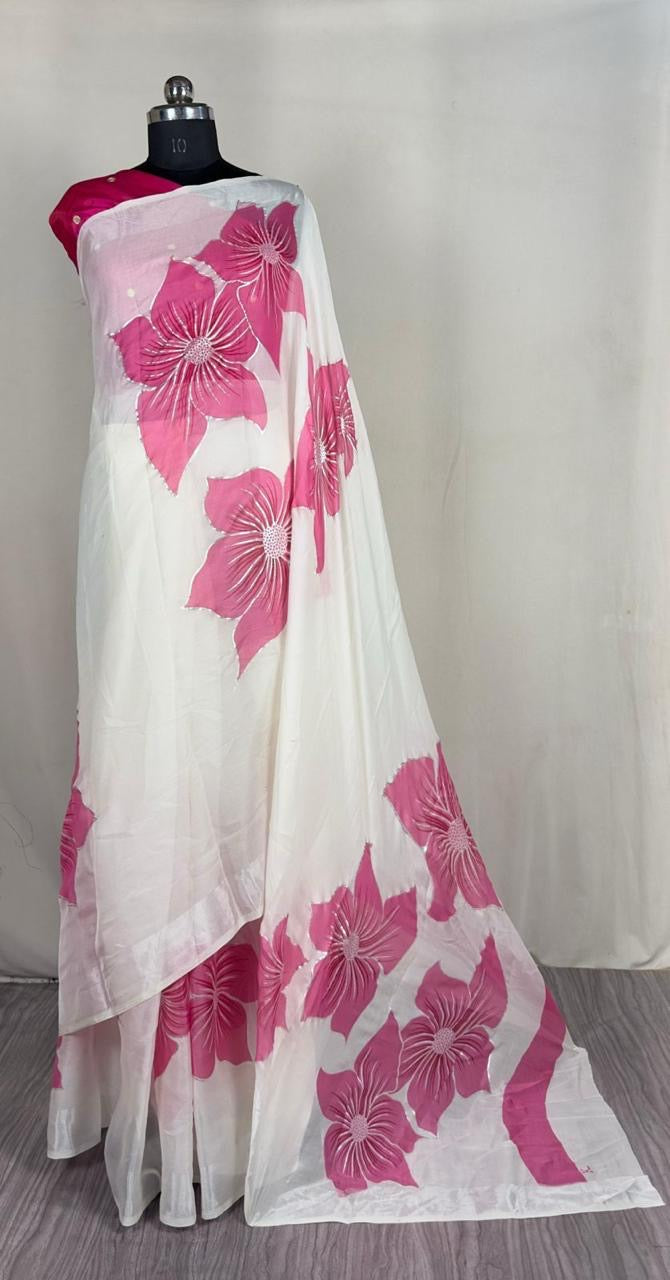 Pure Soft Organza Saree with Hand-Painted Floral Design & Silver Foil Outline |
Thread Work Blouse - ₹949/-Only