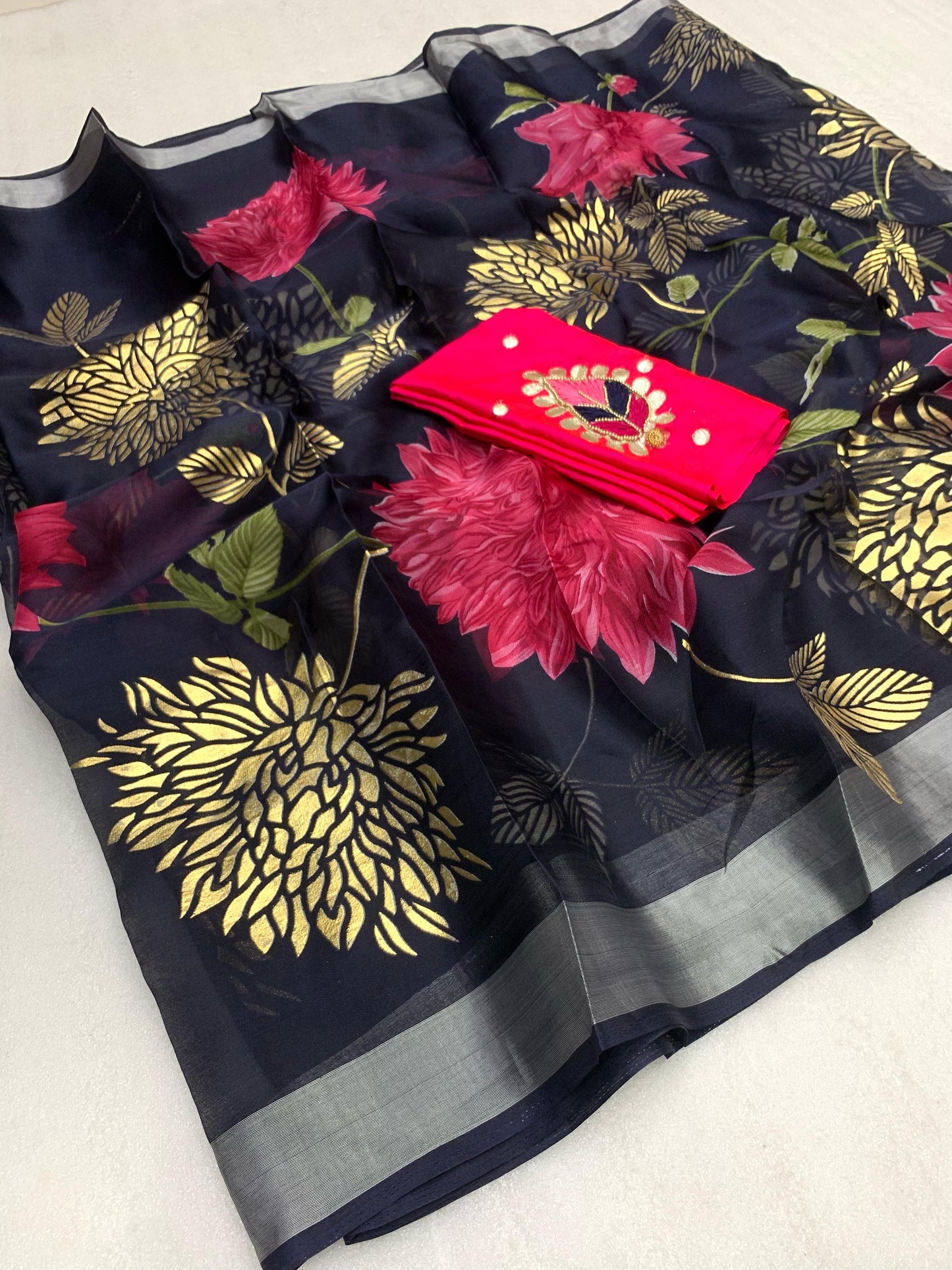 Pure Soft Organza Saree with Hand-Painted Floral Design & Silver Foil Outline |
Thread Work Blouse - ₹949/-Only