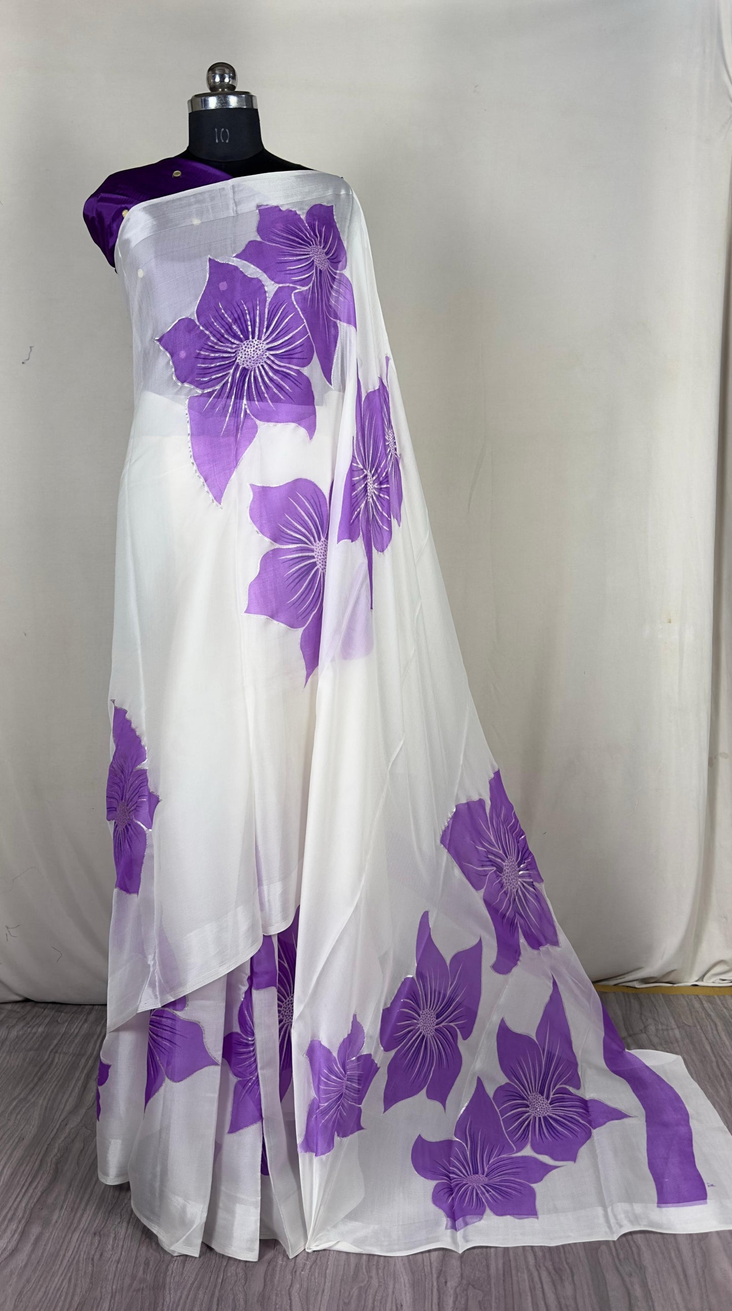 Pure Soft Organza Saree with Hand-Painted Floral Design & Silver Foil Outline |
Thread Work Blouse - ₹949/-Only