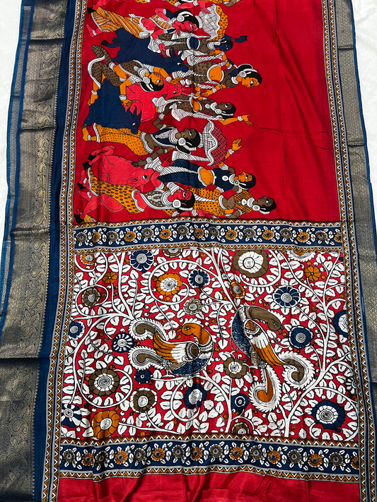 Soft Mangalagiri Pen Kalamkari Silk Saree with Kanchi Weaving Border & Self-Blouse