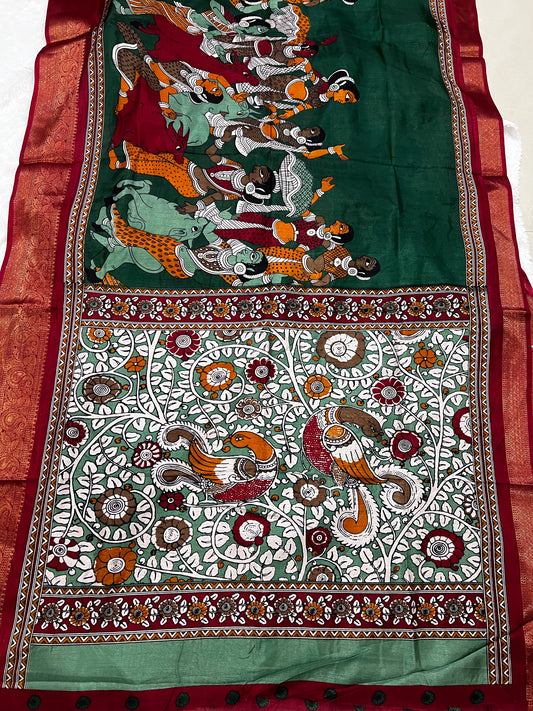 Soft Mangalagiri Pen Kalamkari Silk Saree with Kanchi Weaving Border & Self-Blouse