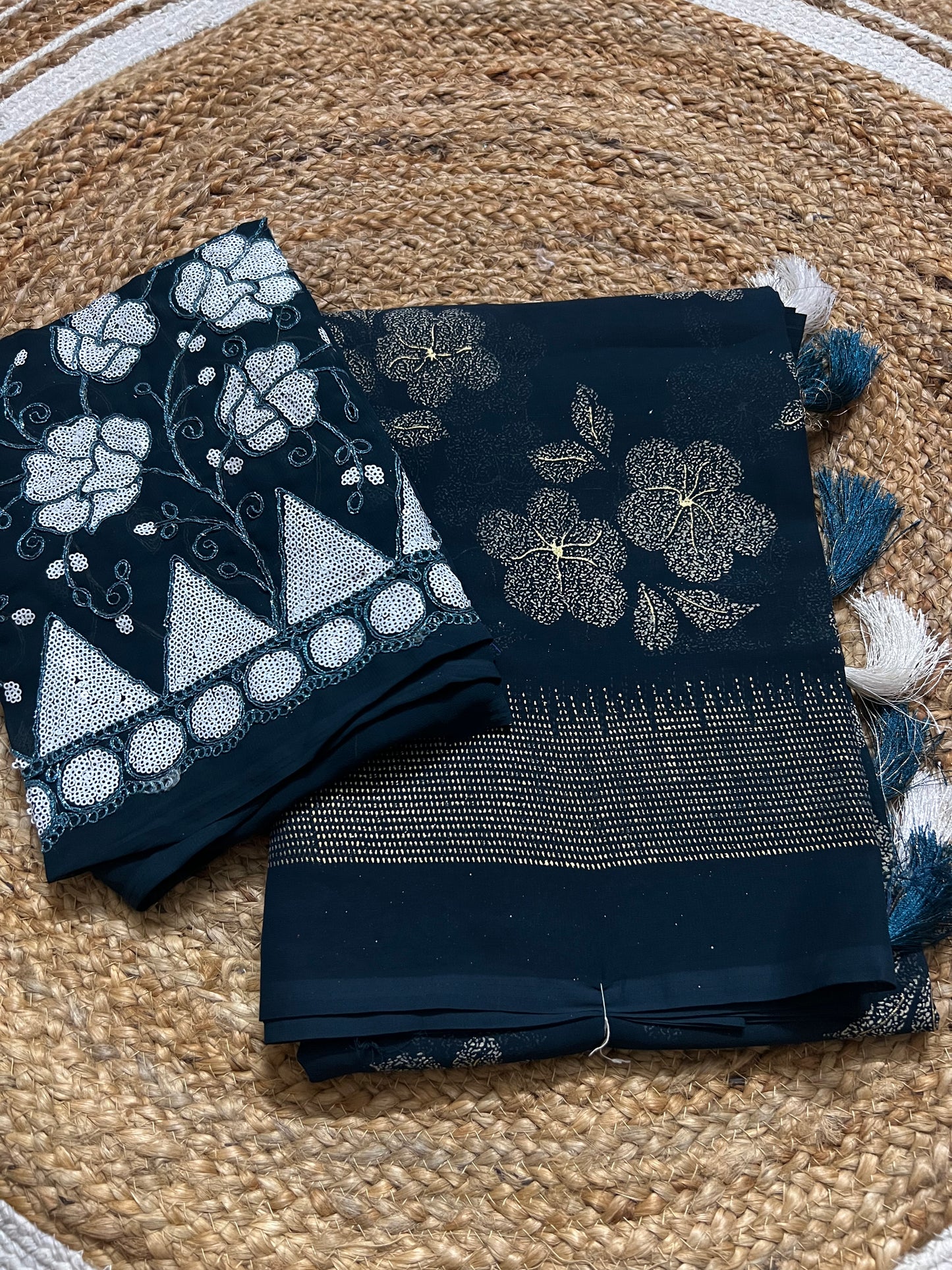 Elegant Khadi Georgette Saree with Embroidered Blouse & Cutwork Finish