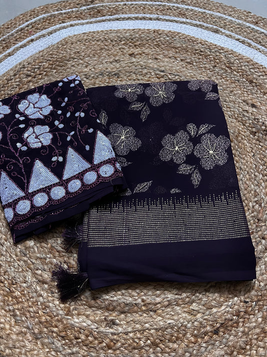 Elegant Khadi Georgette Saree with Embroidered Blouse & Cutwork Finish