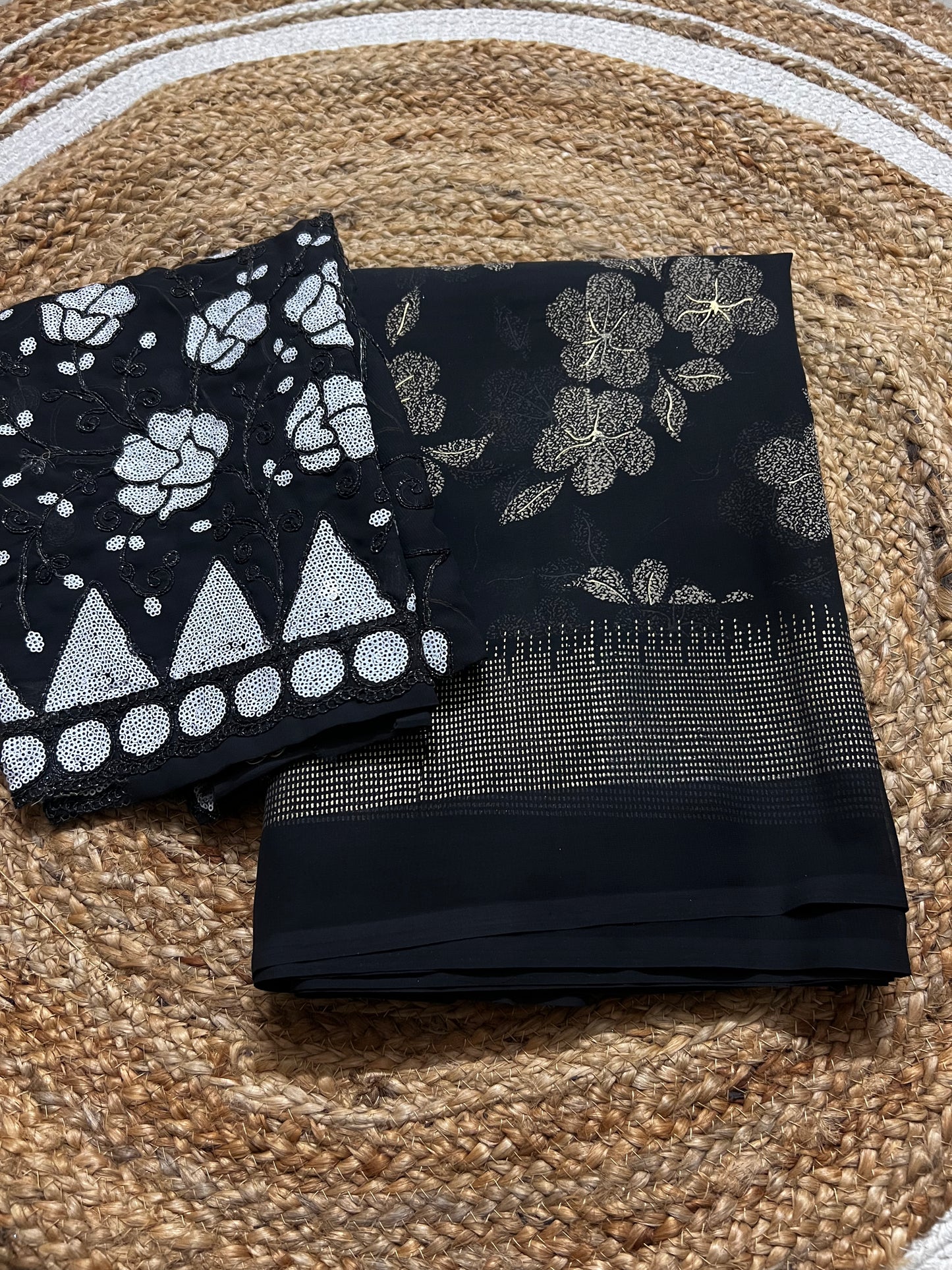 Elegant Khadi Georgette Saree with Embroidered Blouse & Cutwork Finish