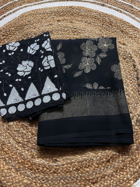 Elegant Khadi Georgette Saree with Embroidered Blouse & Cutwork Finish