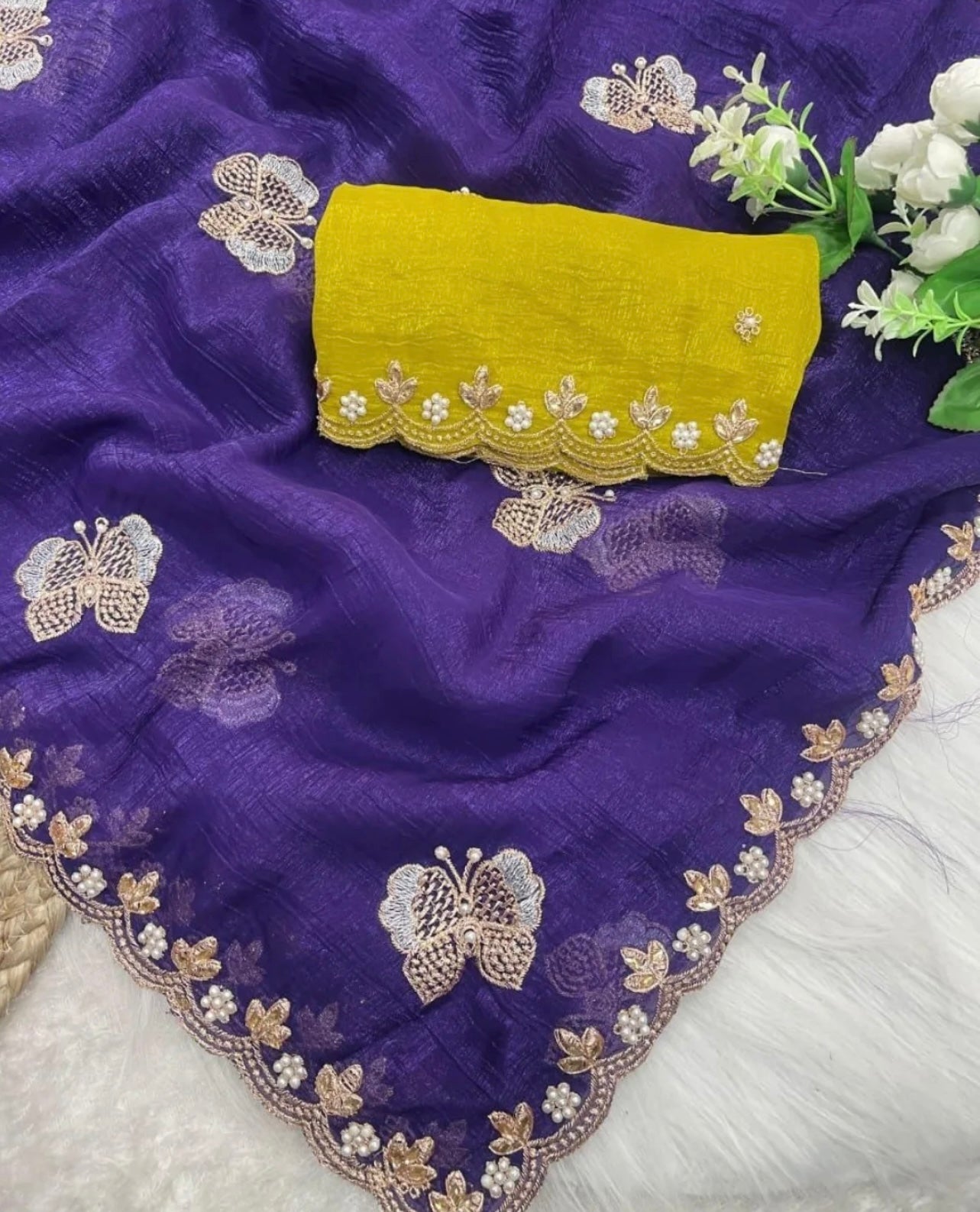 Crushed Silk Saree with Kundan & Pearl Thread Work