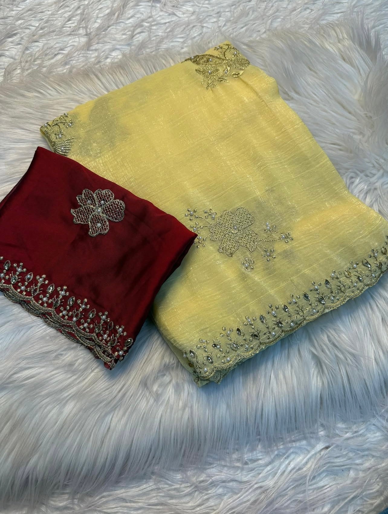 Crushed Silk Saree with Kundan & Pearl Thread Work