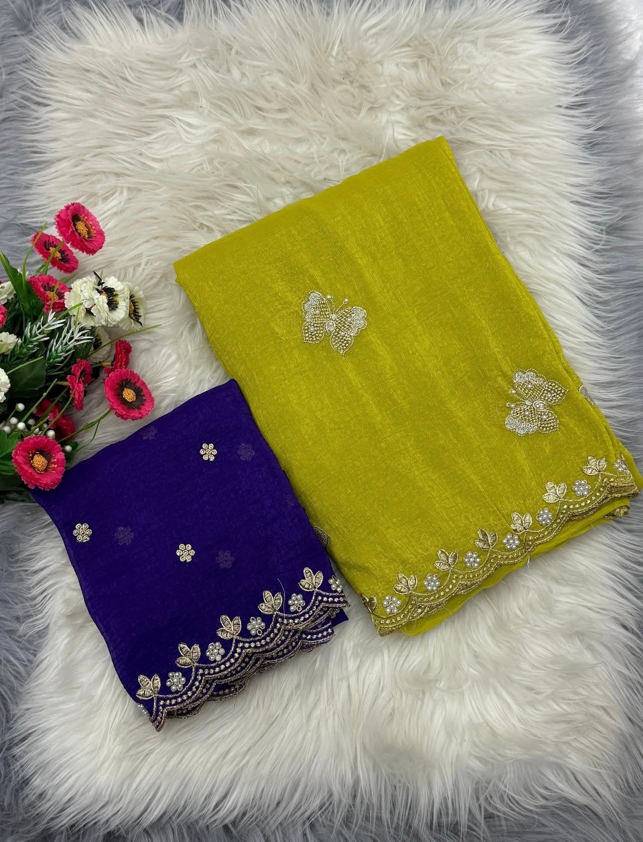 Crushed Silk Saree with Kundan & Pearl Thread Work