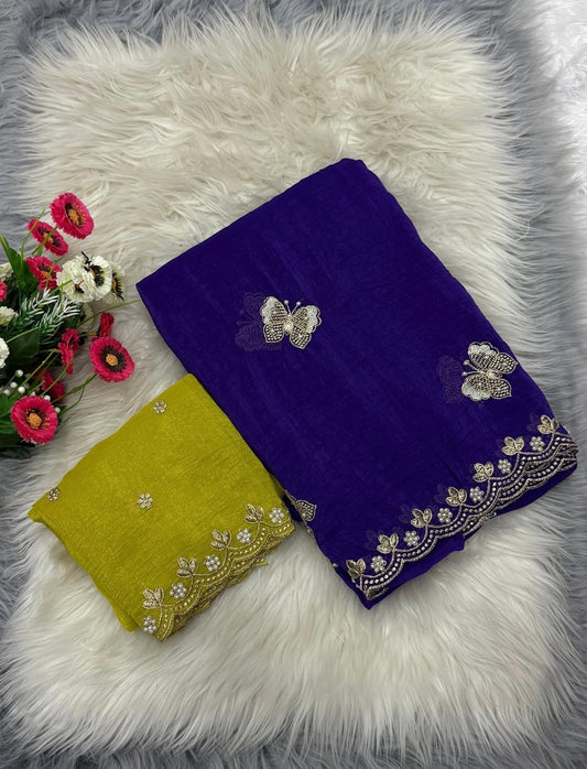 Crushed Silk Saree with Kundan & Pearl Thread Work