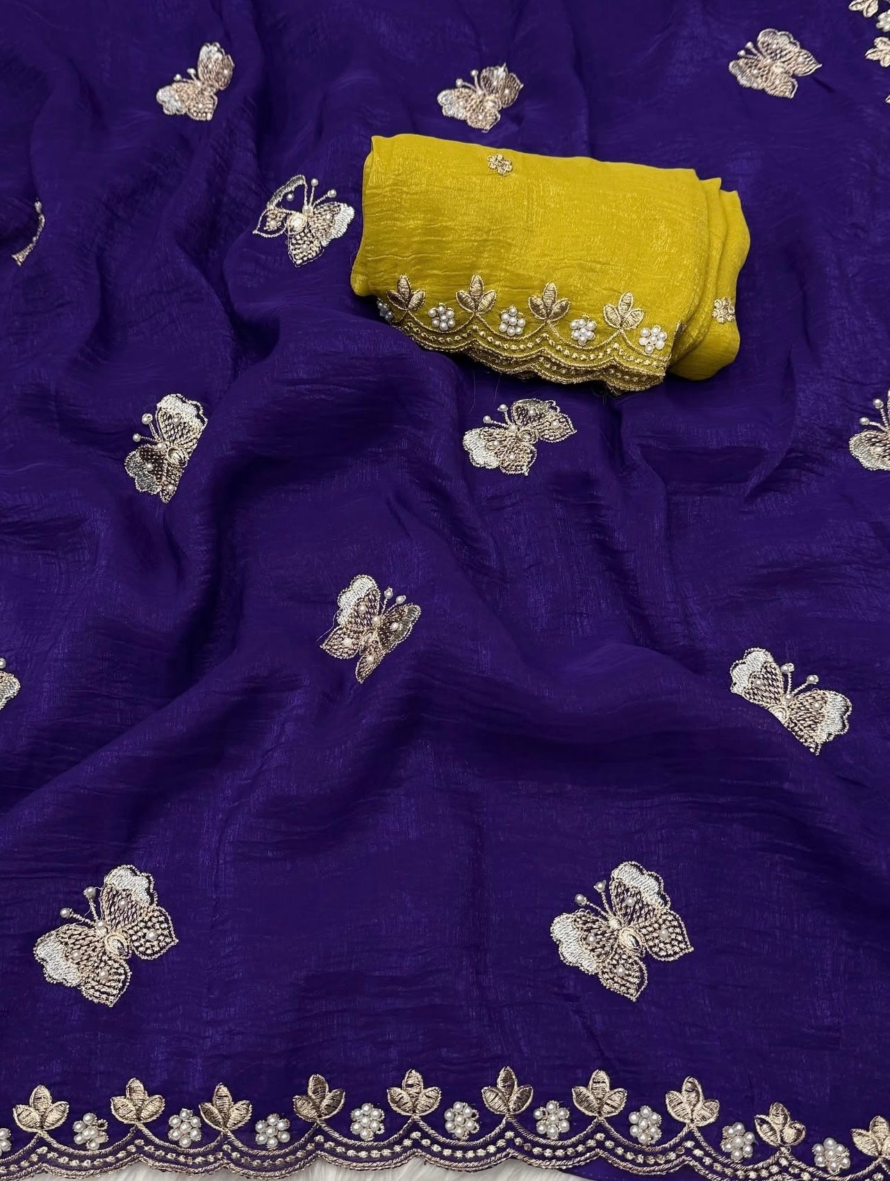 Crushed Silk Saree with Kundan & Pearl Thread Work