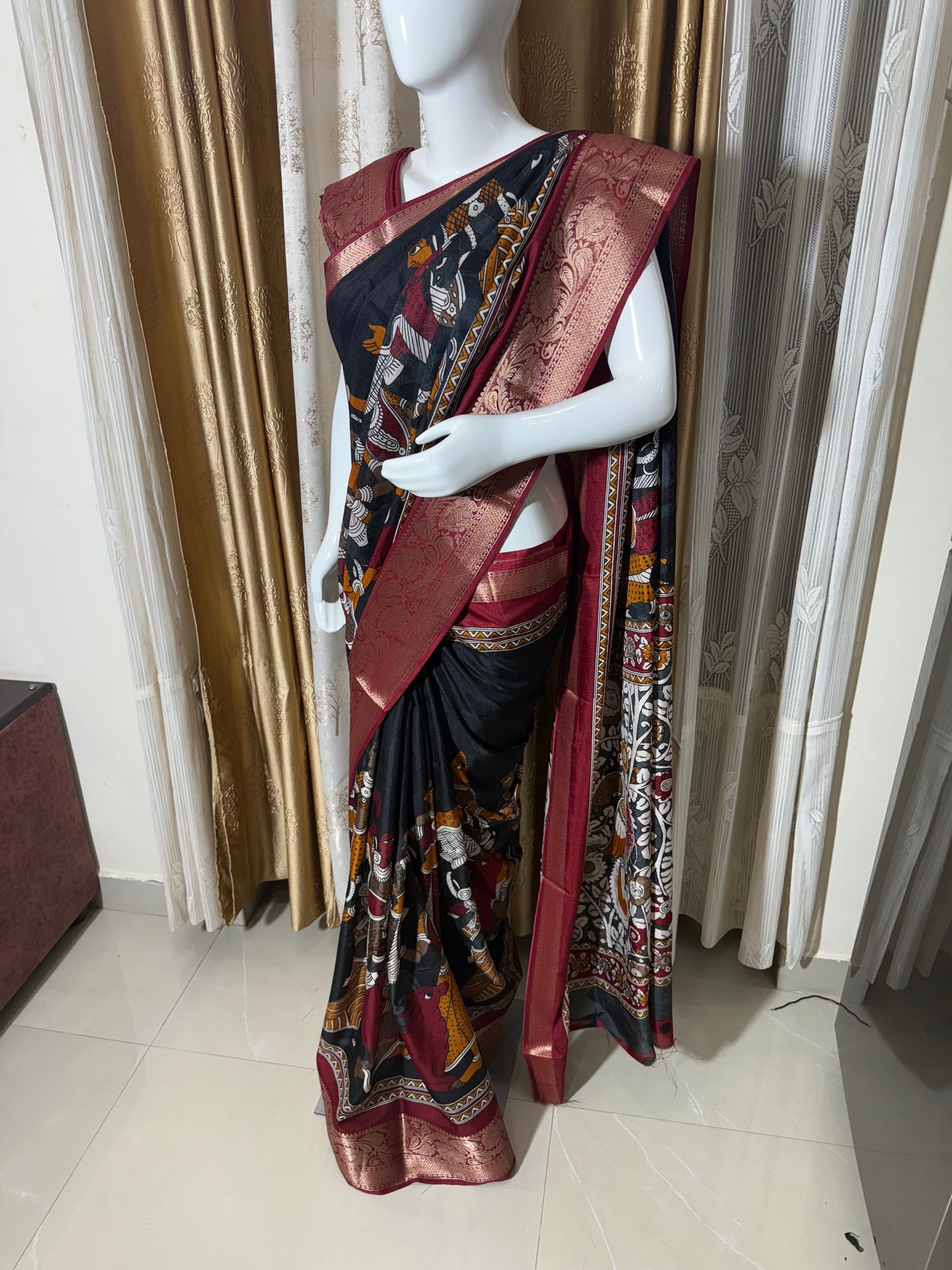 Soft Mangalagiri Pen Kalamkari Silk Saree with Kanchi Weaving Border & Self-Blouse