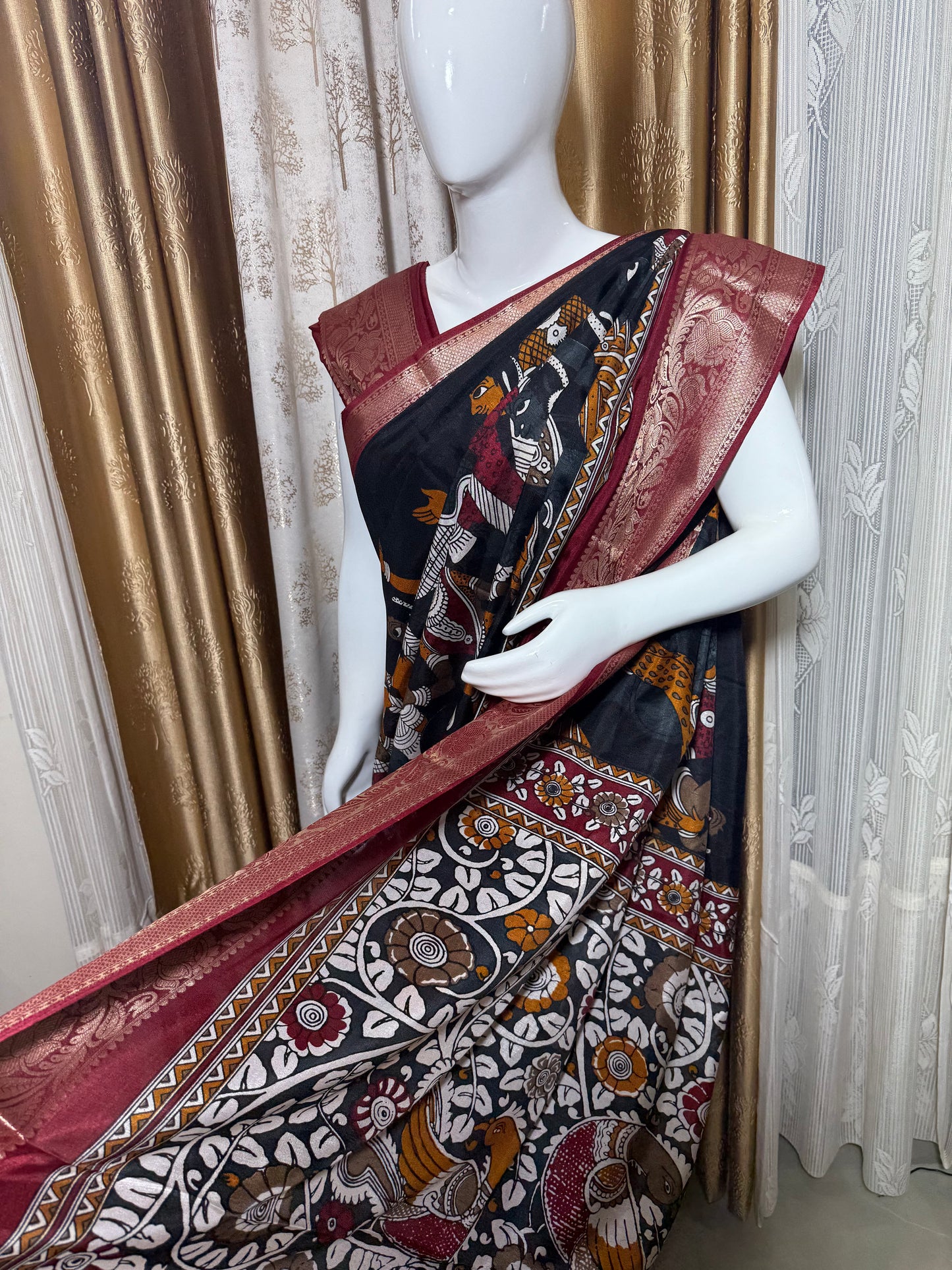 Soft Mangalagiri Pen Kalamkari Silk Saree with Kanchi Weaving Border & Self-Blouse