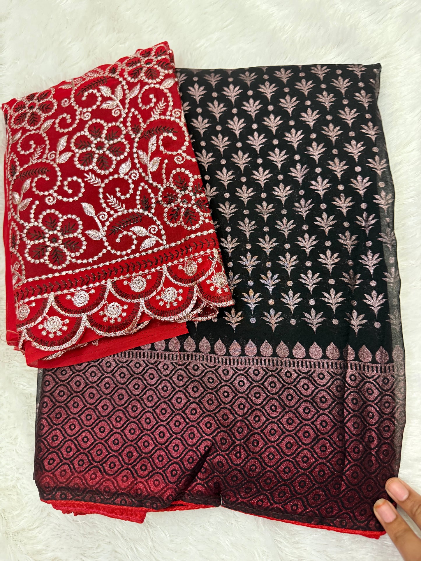 Soft Georgette Saree in Black & Red with Butties, Piped Border & Contrast Red Heavy Blouse – ₹499 Only