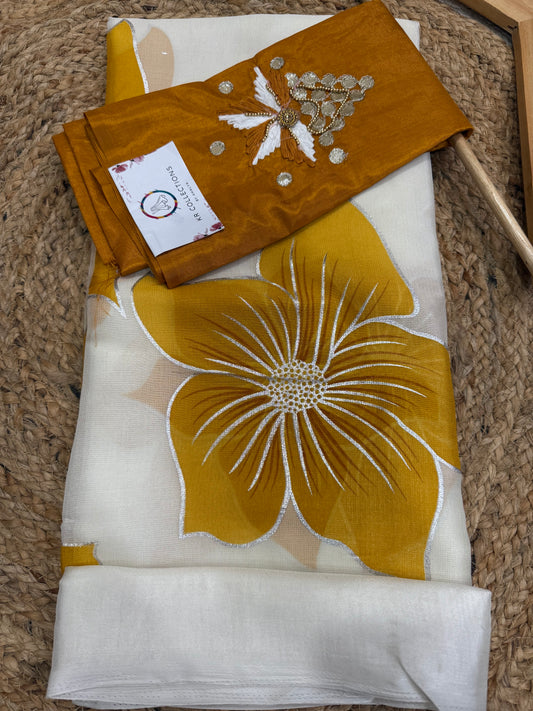 Pure Soft Organza Saree with Hand-Painted Floral Design & Silver Foil Outline | Thread Work Blouse – ₹949/- Only