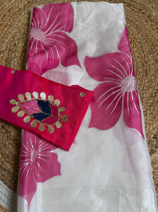 Pure Soft Organza Saree with Hand-Painted Floral Design & Silver Foil Outline | Thread Work Blouse – ₹949/-Only