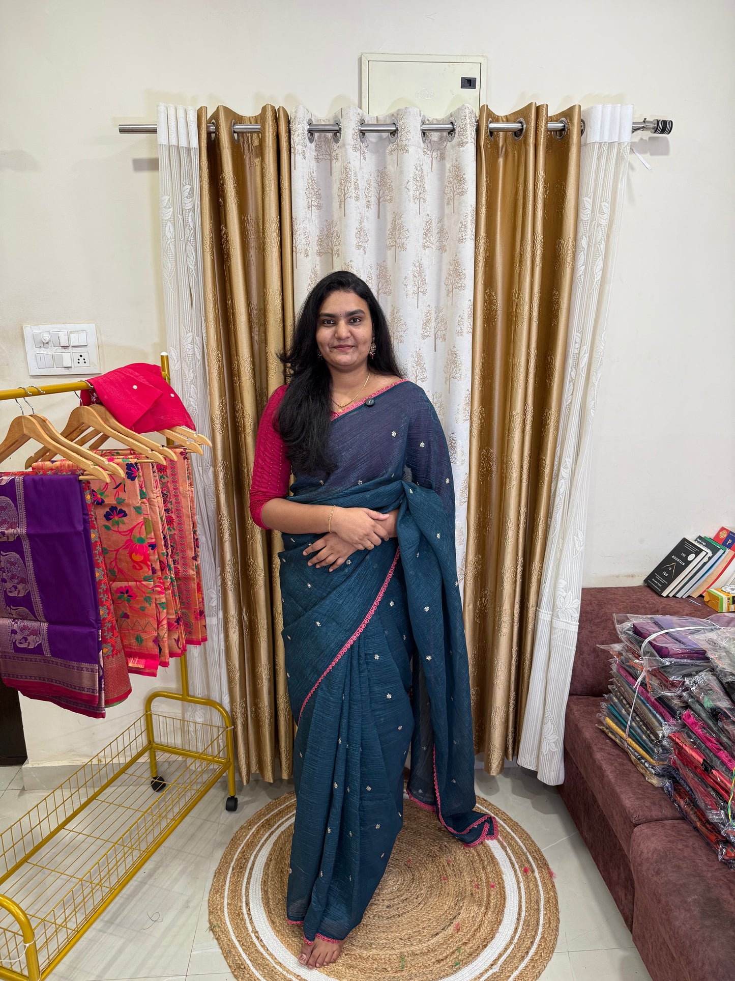 Crunchy Silk Saree with Contrast Heavy Blouse & Matching Lace Border