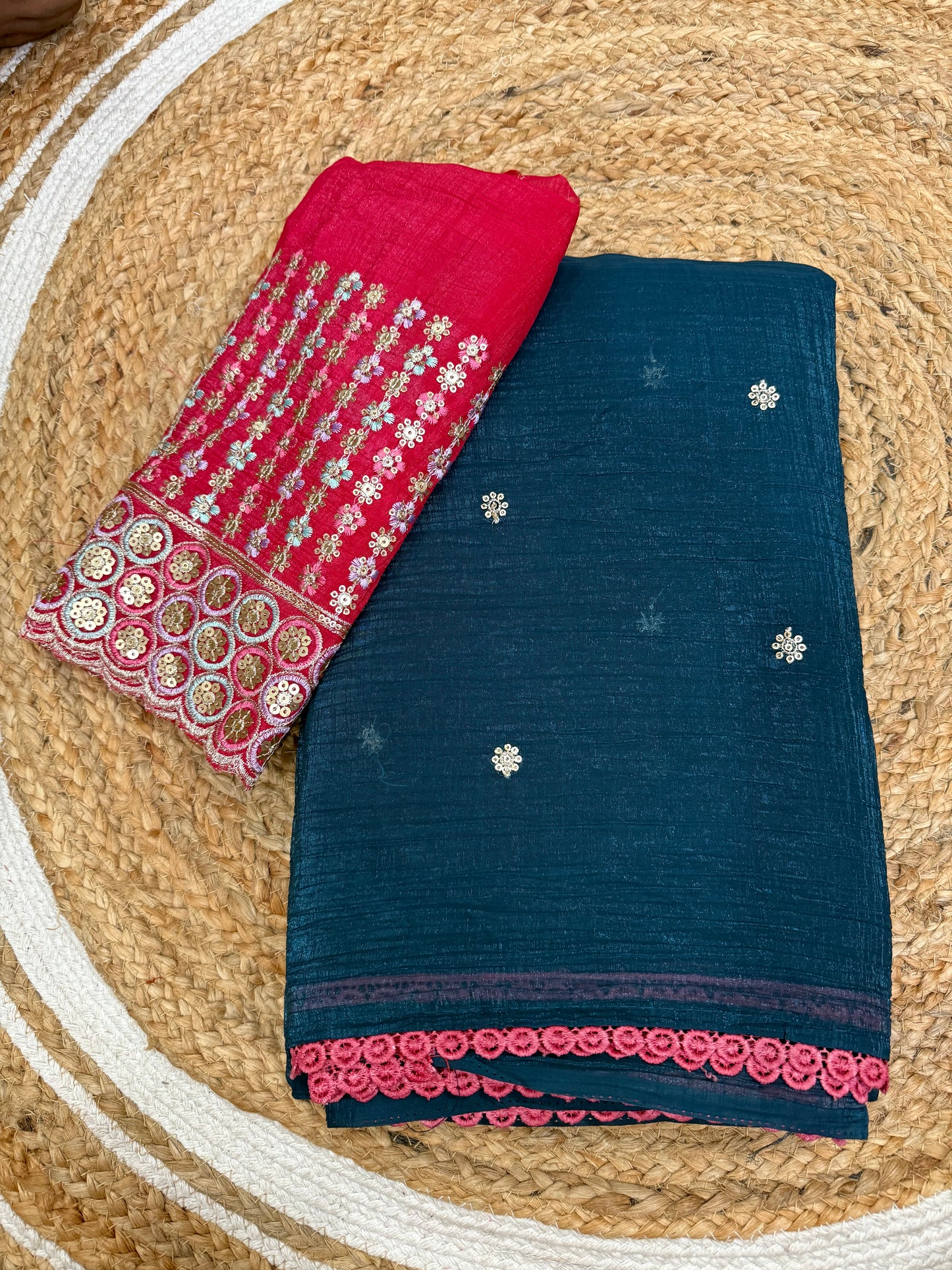 Crunchy Silk Saree with Contrast Heavy Blouse & Matching Lace Border