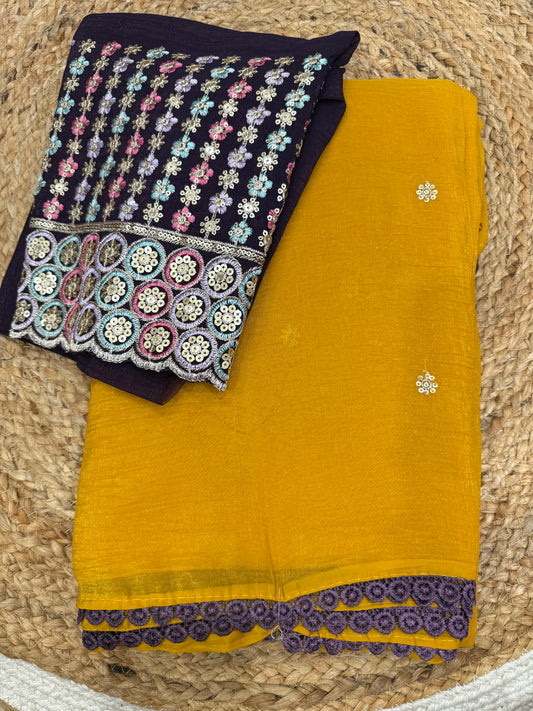 Crunchy Silk Saree with Contrast Heavy Blouse & Matching Lace Border